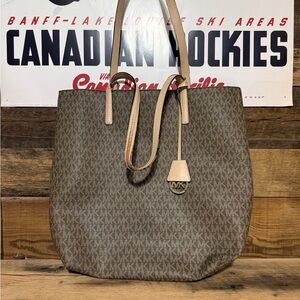 Michael Kors Brown Signature MK Logo Tote with Beige Trim